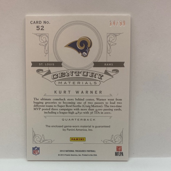 2012 National Treasures Kurt Warner Century Materials Card #52 (070) - Picture 2 of 3
